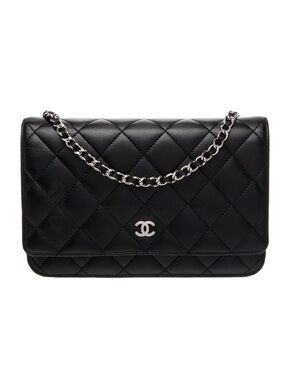 CHANEL Black Quilted Lambskin Shoulder Bag with Silver-Tone Chain